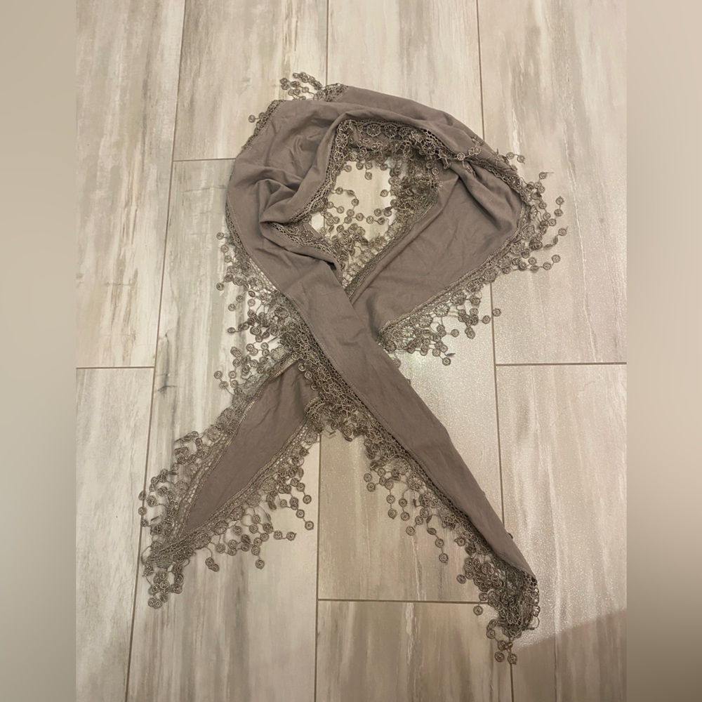 Gray Pointed End Decorative Scarf with Delicate Lace Fringe, one size fits most